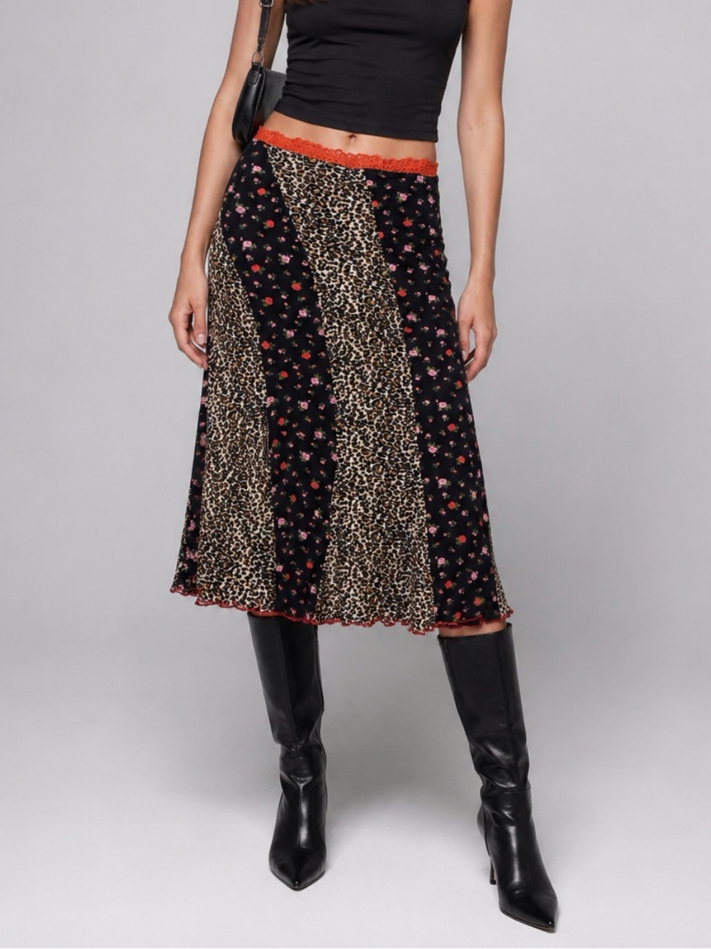 Vintage MORGAN DE TOI Y2K Rose Floral Leopard Patchwork midi Skirt -small.